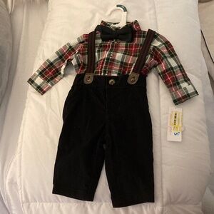 Baby Boy Holiday Plaid Shirt with Black Suspender Pants and Bow Tie